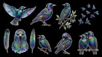 Iridescent starling bird clipart set isolated on transparent background, featuring feathers, perched pairs, flock, and branch scenes, for stickers, t-shirt design, and print on demand.