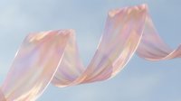 Flowing pink iridescent ribbon with holographic shimmer dancing gracefully against soft blue sky background for luxury fashion and celebration designs.