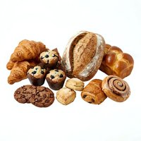 Assorted fresh baked goods including croissants, artisan bread, muffins, and pastries isolated on white background for bakery, food, and culinary design projects.