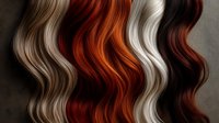 Colorful wavy hair extensions in blonde, red, orange, white and black shades displaying natural flowing texture for beauty salon and hairstyling concepts.