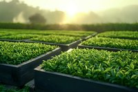 Young green seedlings growing in black plastic containers at sunrise, with sunbeams breaking through morning mist over agricultural nursery plantation.