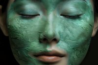Close up of Asian woman's face with green clay mask treatment, eyes closed and serene expression against dark background, highlighting skincare and wellness.