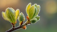 Fresh spring buds covered in morning dew drops on tree branch against soft bokeh background, macro nature photography showing seasonal growth and renewal.