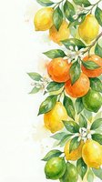 Watercolor citrus fruits border with lemons, oranges and limes on branches with green leaves and white blossoms for kitchen decor and culinary designs.