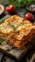Fresh homemade lasagna with melted cheese and herbs served on wooden cutting board, garnished with tomatoes and parsley. Traditional Italian cuisine.