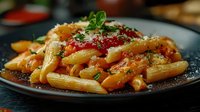 Penne pasta in rich tomato sauce garnished with fresh basil leaves and grated parmesan cheese on dark plate, close up view of traditional Italian cuisine.