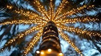 Palm tree decorated with golden string lights viewed from below against twilight sky creating festive tropical atmosphere for holidays and celebrations.