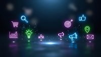 Digital marketing neon icons floating on dark blue background with glowing effects. Business strategy symbols for online advertising campaigns.