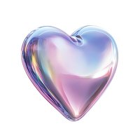 Iridescent glass heart with holographic rainbow effect and smooth curved surface reflects light in purple, pink and blue hues on white isolated background.