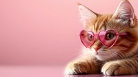 Ginger cat wearing heart shaped pink sunglasses lying on pink background. Cute pet portrait with fashion accessory for valentines day cards and social media posts.