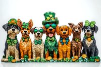 Seven adorable dogs wearing St Patrick's Day accessories and costumes, including leprechaun hats, bowties, and shamrocks, lined up against white background.