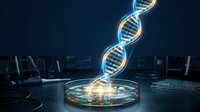 Glowing DNA helix hologram emerging from petri dish in laboratory setting with computers and scientific equipment in background for biotechnology and genetic research concepts.