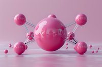 Pink glossy spheres connected by silver rods forming molecular structure against soft pink background, abstract modern minimal composition for science concepts.