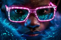 Futuristic portrait featuring glowing pink glasses and turquoise lighting effects, close-up view of African American woman's face with dramatic neon illumination.