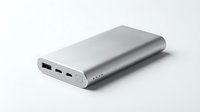 Portable silver power bank with multiple charging ports and LED indicator lights, isolated on white background for tech product design and marketing use.