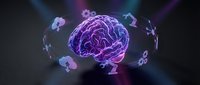 Purple glowing brain with floating puzzle pieces on dark background representing mental health, psychology, memory loss, dementia, Alzheimer's disease concept.
