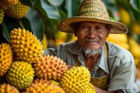 Senior Asian farmer in straw hat smiling among fresh durian fruits at local market. Traditional agriculture and exotic fruit harvest in Southeast Asia.