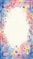 Watercolor cat frame with sleeping kittens, paw prints, hearts and floral elements on pastel background. Copy space for text or design projects.