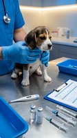 Veterinarian in blue scrubs and gloves examines senior beagle dog during medical checkup in clinic with stethoscope, thermometer, and syringes on table.