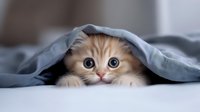 Adorable ginger kitten with big eyes peeking out from under gray blanket, creating heartwarming moment for pet photography and social media content.