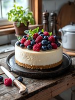 No-bake cheesecake topped with fresh raspberries and blueberries on rustic wooden table. Homemade dessert with graham cracker crust and mint garnish in cozy kitchen setting.