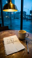 Handwritten apology note on a cafe table beside a coffee mug, pen, and rainy city window under warm lamp light, evoking emotion.