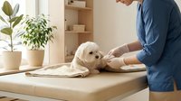 Veterinarian in blue scrubs examining a light-colored dog on examination table during routine checkup, with potted plants visible in bright clinic interior.