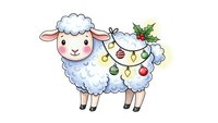 Cute cartoon sheep decorated with Christmas ornaments and holly on transparent background for holiday greeting cards and festive designs.