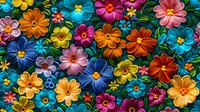 Vibrant floral pattern with colorful daisies in blue, orange, pink, and yellow blooms creating dense arrangement on dark background. Seamless repeat for fabric design.