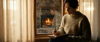 Young woman in cozy sweater reading book by window with warm fireplace light creating peaceful autumn evening atmosphere for relaxation and comfort.
