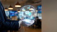 Business professional holding glowing sphere with digital icons representing data analytics, communication and technology in modern office environment.