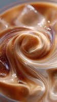 Creamy swirls of caramel and milk create mesmerizing patterns in iced coffee drink with floating ice cubes, macro photography showing rich texture and smooth flow.