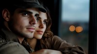 Young romantic couple in casual autumn outerwear sitting together by window during evening with blurred city lights bokeh in background, intimate lifestyle moment.