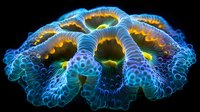 Luminescent coral polyps in vibrant blue and gold colors glowing against dark background, macro underwater photography showing intricate marine life details.