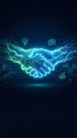 Digital handshake with glowing circuit patterns and business data visualization icons representing technology partnership and collaboration.