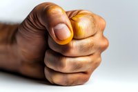 Close-up of African American male fist on light background showing strength, determination and power, dramatic lighting emphasizes muscle tension and skin texture.