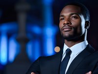 Confident African American businessman in dark suit against blue background, professional portrait with dramatic lighting and modern corporate atmosphere.