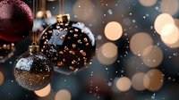 Glittering Christmas ornaments with burgundy and silver colors against blurred bokeh lights creating magical festive atmosphere during winter holiday season.