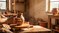 Potter's hands shaping clay vessel on spinning wheel in traditional ceramic workshop with earthenware pottery and natural lighting for artisan crafts.