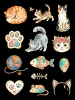 Assorted cat and pet clipart collection featuring sleeping cats, playful kittens, paw prints, yarn ball, fish, mouse, hedgehog, and cat ear headband. Isolated on transparent background, ready for t-shirts, stickers, sublimation, and print-on-demand designs.