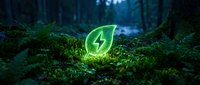 Glowing neon leaf with lightning bolt symbol on moss-covered forest floor, representing renewable energy, sustainability, and eco-friendly power solutions for environmental campaigns.