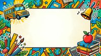 Yellow school bus, bell, books, pencils, globe, and stars frame a blank cream center space on colorful background. Educational clipart border design isolated on white, ready for back-to-school posters, classroom materials, and learning-themed graphics.