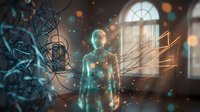 Futuristic holographic human figure with glowing particles and geometric wireframes in modern interior with warm sunlight streaming through windows.