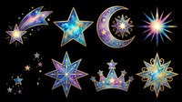 Celestial stars, crescent moon, crown and comet clipart set isolated on transparent background, ready for stickers, t-shirt design, sublimation and print on demand.