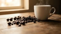 Steaming white coffee cup with scattered roasted coffee beans on rustic wooden table near sunny window creating warm morning atmosphere for cafe branding.