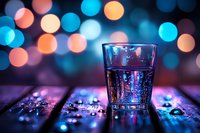 Glass of water with condensation drops on wooden surface against blurred bokeh lights in blue and orange colors creating magical evening atmosphere.