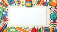Back to school supplies arranged in circle around blank white paper on white background, ready for design use on posters, flyers, educational materials and promotional content.