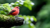 Vibrant red songbird perched on moss-covered branch against blurred green forest background, displaying natural wildlife behavior in spring environment.