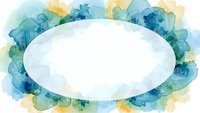 Watercolor oval frame with blue and green paint splashes on white background for wedding invitations, greeting cards and artistic projects.