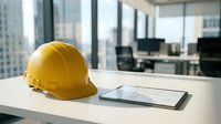 Yellow hard hat and digital tablet on office desk with city view background for construction project management and planning applications.